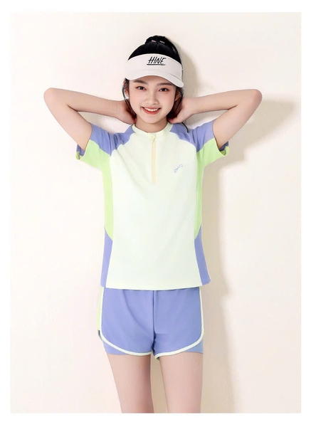 Bộ bơi BARCN Ylike cộc tay quần sooc 2 màu trắng-tím và xanh bé gái