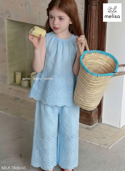 Bộ Melisa thô ren thêu hoa áo sát nách quần dài 4 màu hồng, kem, xanh, vàng