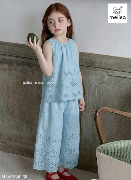 Bộ Melisa thô ren thêu hoa áo sát nách quần dài 4 màu hồng, kem, xanh, vàng
