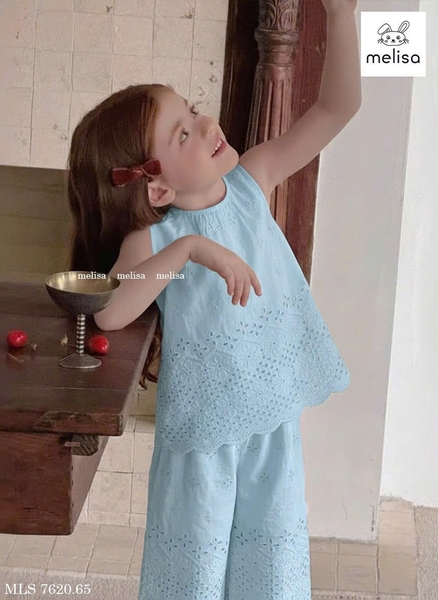 Bộ Melisa thô ren thêu hoa áo sát nách quần dài 4 màu hồng, kem, xanh, vàng
