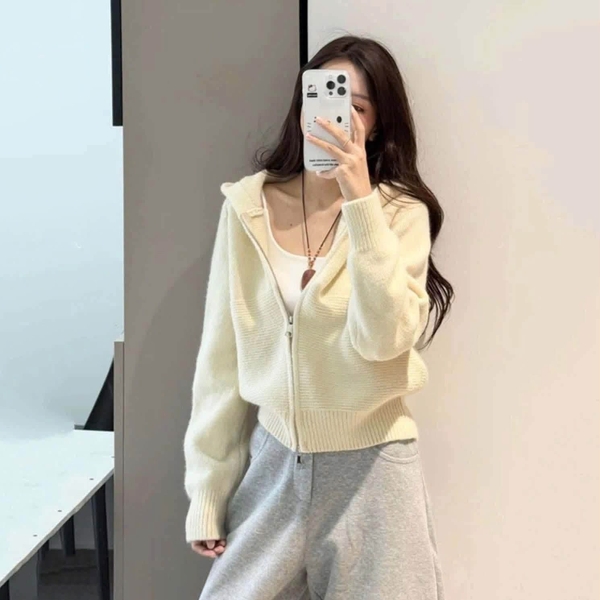 Áo khoác len khoá kéo 2 chiều có mũ 5 màu đen, hồng, xanh, vàng, trắng