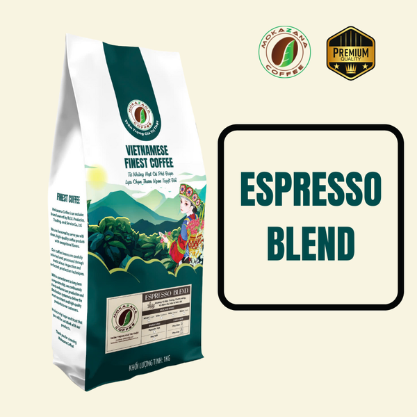 Espresso Blend Mokazana – cà phê hạt rang xay 70% Robusta 30% Arabica, hương thơm đậm đà, crema dày, pha phin & pha máy espresso chuẩn Ý.