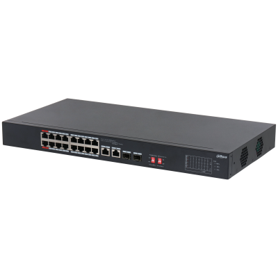 Switch Dahua DH-S3218-16ET-135 Gồm 16 cổng RJ-45 tốc độ 10/100 Mbps hỗ trợ PoE và 2 cổng uplink combo (RJ-45 10/100/1000 Mbps hoặc SFP 1000 Mbps).