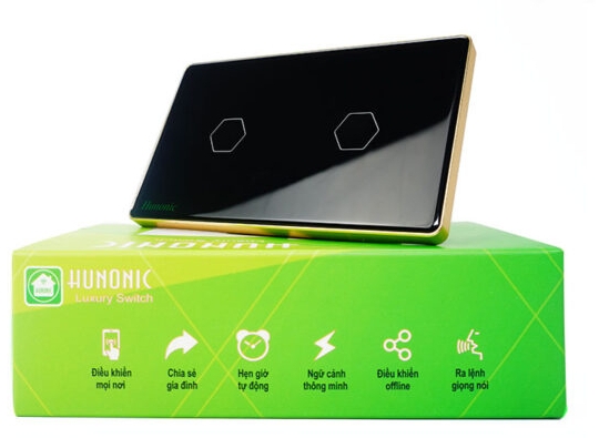Công Tắc Hunonic Luxury Hình Chữ Nhật Viền Vàng ( 2 nút màu đen)