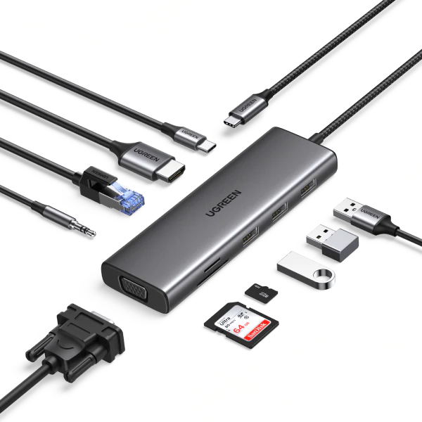 Hub USB Type C 10 in 1 to HDMI 4K, VGA, USB 3.0, Lan RJ45, SD/TF, 3.5mm, PD 100W Ugreen 15601