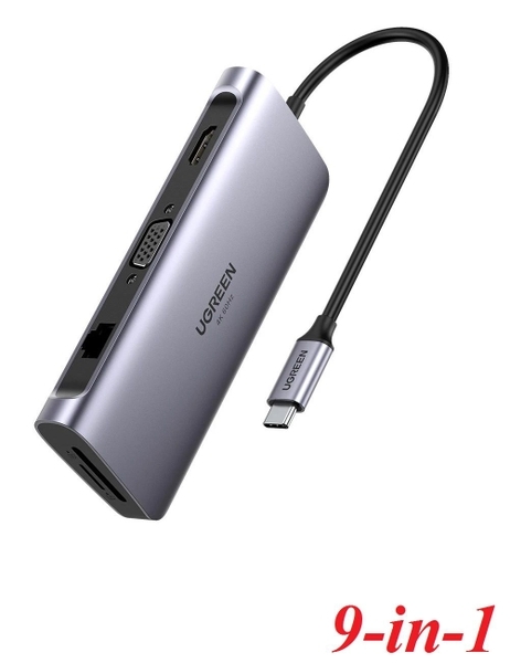 Bộ chuyển USB type C to 3xUSB3.0 4K-HDMI VGA RJ45 SD-TF PD hỗ trợ PD 3.0 Ugreen 70490 100W 9 trong 1 màu xám
