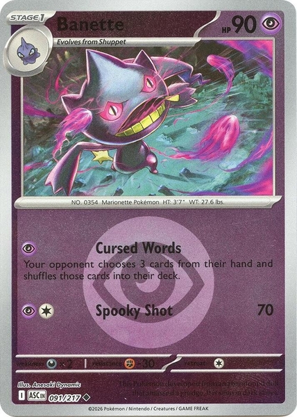 Thẻ hình Pokemon Banette 091/217 - Lá bài lẻ Ascended Heroes Uncommon Energy Symbol Holo tiếng Anh chính hãng