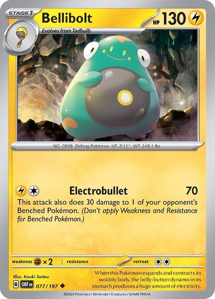 Thẻ hình Pokemon Bellibolt 077/197 - Lá bài lẻ Obsidian Flames Uncommon Reverse Holo tiếng Anh chính hãng