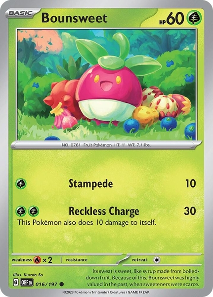 Thẻ hình Pokemon Bounsweet 016/197 - Lá bài lẻ Obsidian Flames Common Reverse Holo tiếng Anh chính hãng