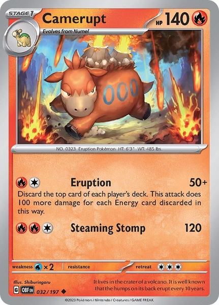Thẻ hình Pokemon Camerupt 032/197 - Lá bài lẻ Obsidian Flames Uncommon Reverse Holo tiếng Anh chính hãng