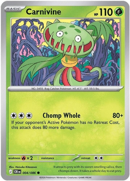 Thẻ hình Pokemon Carnivine 004/086 - Lá bài lẻ Chaos Rising Common Reverse Holo tiếng Anh chính hãng