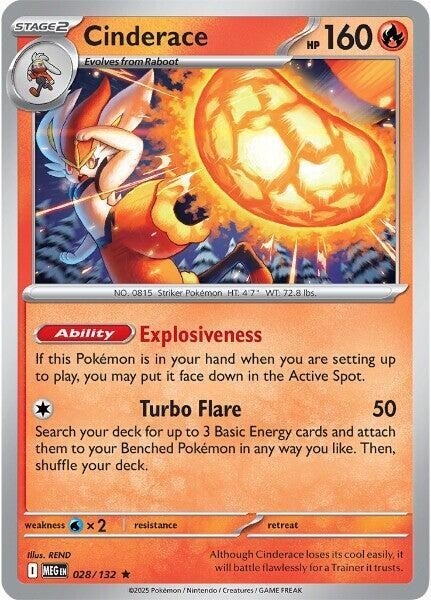 Thẻ hình Pokemon Cinderace 028/132 - Lá bài lẻ Mega Evolution Base Set Holo Rare Reverse Holo tiếng Anh chính hãng