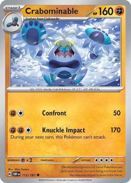 Thẻ hình Pokemon Crabominable 115/197 - Lá bài lẻ Obsidian Flames Uncommon Reverse Holo tiếng Anh chính hãng
