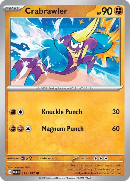 Thẻ hình Pokemon Crabrawler 114/197 - Lá bài lẻ Obsidian Flames Common Reverse Holo tiếng Anh chính hãng