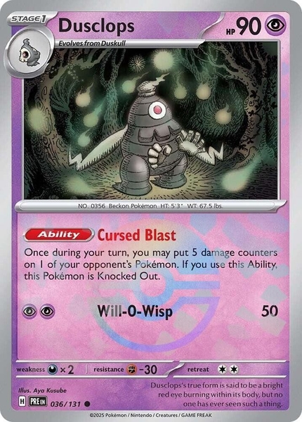 Thẻ hình Pokemon Dusclops 036/131 - Lá bài lẻ Prismatic Evolutions Common Reverse Holo tiếng Anh chính hãng ảnh 2