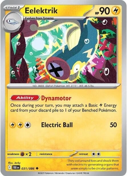 Thẻ hình Pokemon Eelektrik 031/086 - Lá bài lẻ Black Bolt Uncommon Reverse Holo tiếng Anh chính hãng