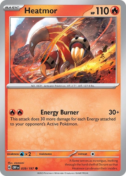 Thẻ hình Pokemon Heatmor 039/197 - Lá bài lẻ Obsidian Flames Common Reverse Holo tiếng Anh chính hãng