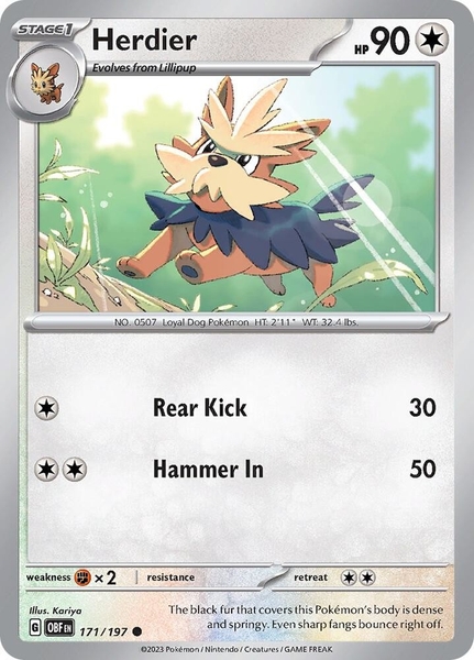Thẻ hình Pokemon Herdier 171/197 - Lá bài lẻ Obsidian Flames Common Reverse Holo tiếng Anh chính hãng