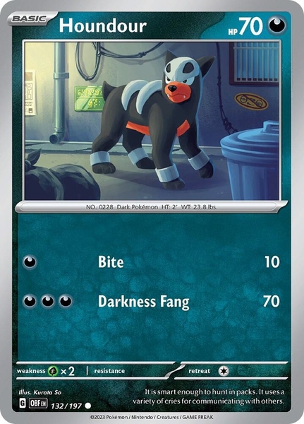 Thẻ hình Pokemon Houndour 132/197 - Lá bài lẻ Obsidian Flames Common Reverse Holo tiếng Anh chính hãng