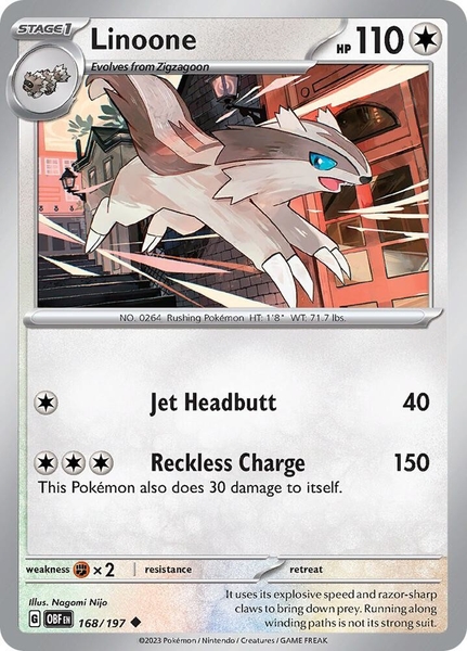 Thẻ hình Pokemon Linoone 168/197 - Lá bài lẻ Obsidian Flames Uncommon Reverse Holo tiếng Anh chính hãng