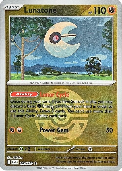 Thẻ hình Pokemon Lunatone 105/217 - Lá bài lẻ Ascended Heroes Holo Rare Dusk Ball Holo tiếng Anh chính hãng ảnh 2