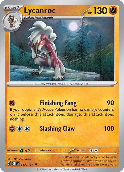 Thẻ hình Pokemon Lycanroc 117/197 - Lá bài lẻ Obsidian Flames Uncommon Reverse Holo tiếng Anh chính hãng