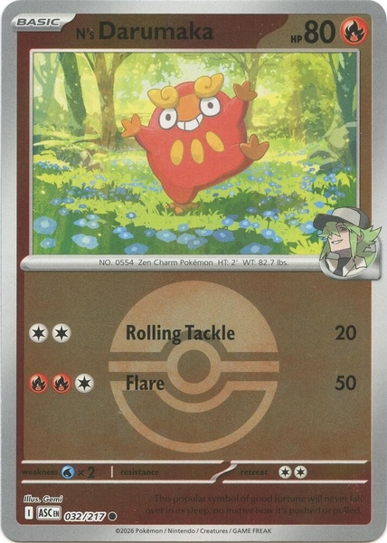 Thẻ hình Pokemon N's Darumaka 032/217 - Lá bài lẻ Ascended Heroes Common Poke Ball Holo tiếng Anh chính hãng