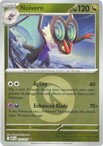 Thẻ hình Pokemon Noivern 157/217 - Lá bài lẻ Ascended Heroes Uncommon Energy Symbol Holo tiếng Anh chính hãng