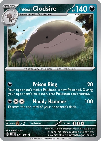 Thẻ hình Pokemon Paldean Clodsire 128/197 - Lá bài lẻ Obsidian Flames Uncommon Reverse Holo tiếng Anh chính hãng