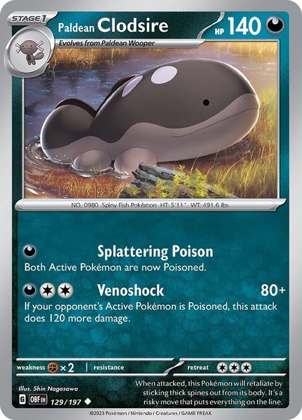 Thẻ hình Pokemon Paldean Clodsire 129/197 - Lá bài lẻ Obsidian Flames Uncommon Reverse Holo tiếng Anh chính hãng