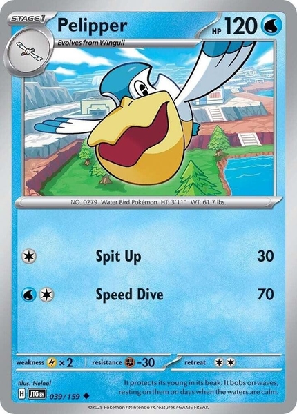 Thẻ hình Pokemon Pelipper 039/159 - Lá bài lẻ Journey Together Uncommon Reverse Holo tiếng Anh chính hãng