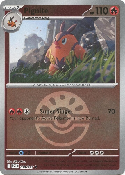 Thẻ hình Pokemon Pignite 030/217 - Lá bài lẻ Ascended Heroes Uncommon Friend Ball Holo tiếng Anh chính hãng