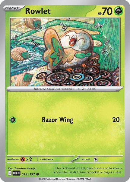 Thẻ hình Pokemon Rowlet 013/197 - Lá bài lẻ Obsidian Flames Common Reverse Holo tiếng Anh chính hãng