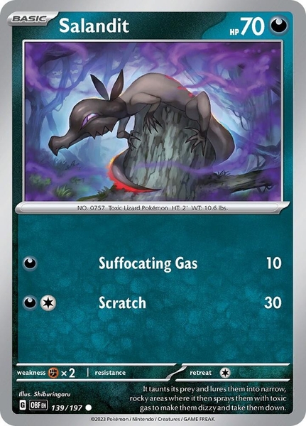 Thẻ hình Pokemon Salandit 139/197 - Lá bài lẻ Obsidian Flames Common Reverse Holo tiếng Anh chính hãng