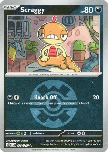 Thẻ hình Pokemon Scraggy 134/217 - Lá bài lẻ Ascended Heroes Common Quick Ball Holo tiếng Anh chính hãng
