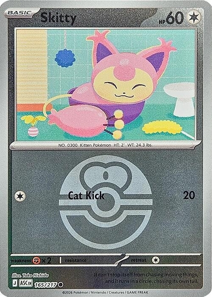Thẻ hình Pokemon Skitty 165/217 - Lá bài lẻ Ascended Heroes Common Love Ball Holo tiếng Anh chính hãng