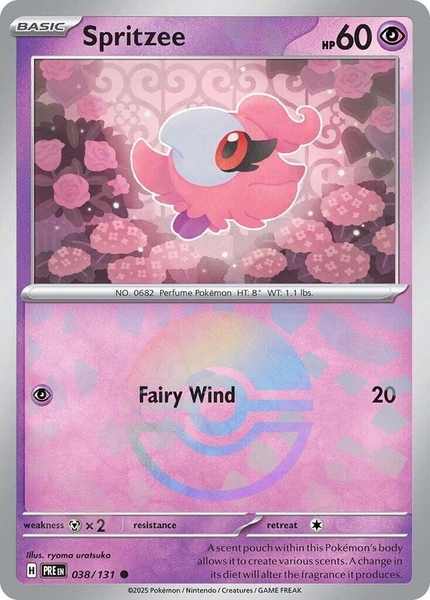Thẻ hình Pokemon Spritzee 038/131 - Lá bài lẻ Prismatic Evolutions Common Reverse Holo tiếng Anh chính hãng ảnh 2