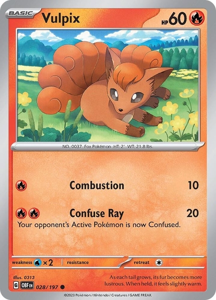 Thẻ hình Pokemon Vulpix 028/197 - Lá bài lẻ Obsidian Flames Common Reverse Holo tiếng Anh chính hãng
