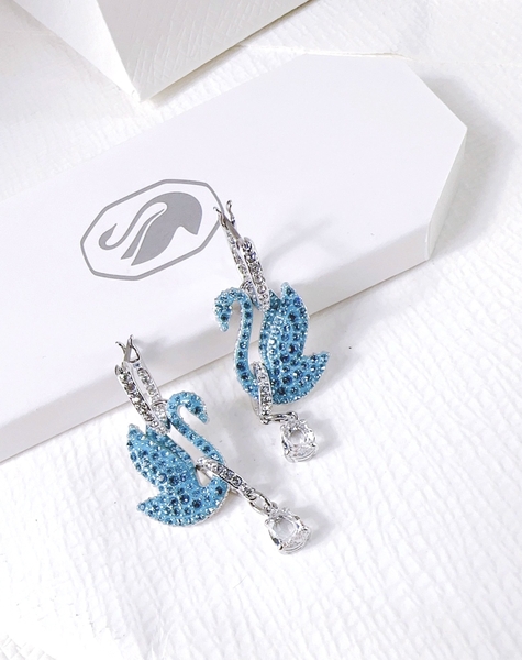 SWAROVSKI Swan drop earrings (Swan, Blue, Rhodium plated) - Khuyên tai