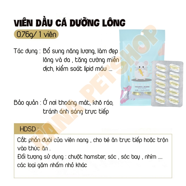 Viên Dầu Cá YEE  🐹FREESHIP🐹 Viên Nang Bảo Vệ Sức Khỏe Yee Cho Hamster, Nhím , Sóc