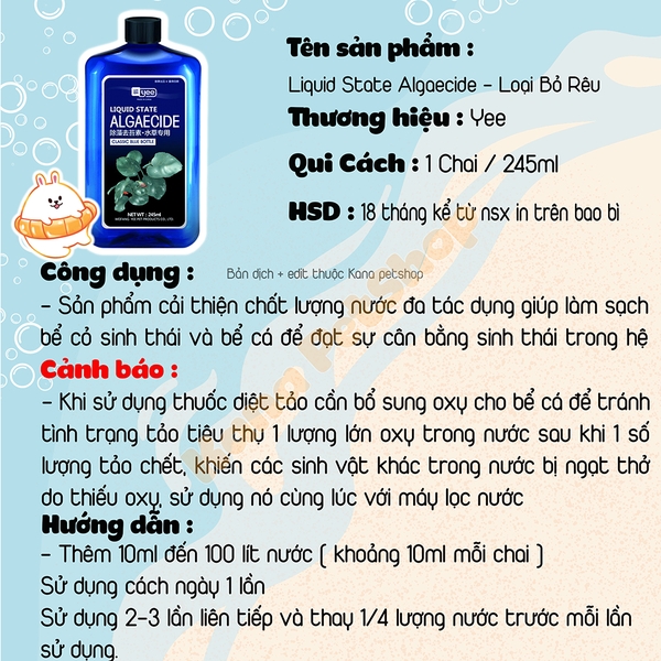 ALGAECIDE Ngăn Ngừa Rêu Tảo 🐟 FREESHIP 🐟 YEE Hạn Chế Rêu Tảo An Toàn Không Gây Hại Cho Cá