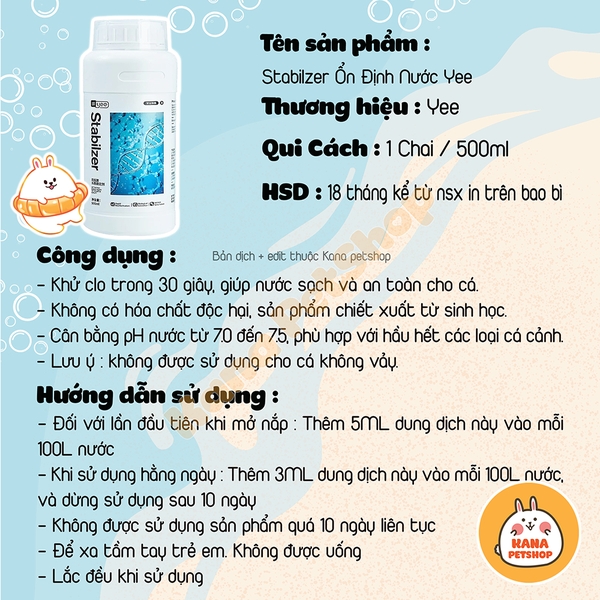 Chế Phẩm Yee Stabilizer Cân Bằng Môi Trường Sống Cho Cá 🐟 FREESHIP 🐟 Khử Clo Nước Máy Và Ổn Định PH