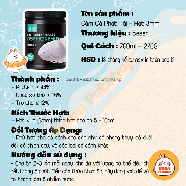 Cám Bessn Osphronemus thức ăn giàu đạm và tảo xoắn cho cá phát tài