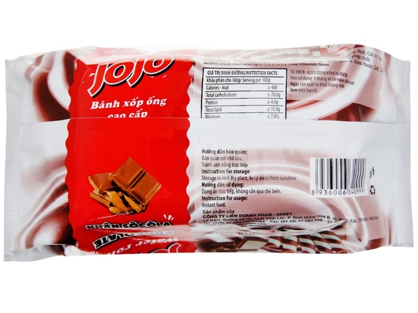 Bánh xốp ống nhân kem socola Jojo gói 100g