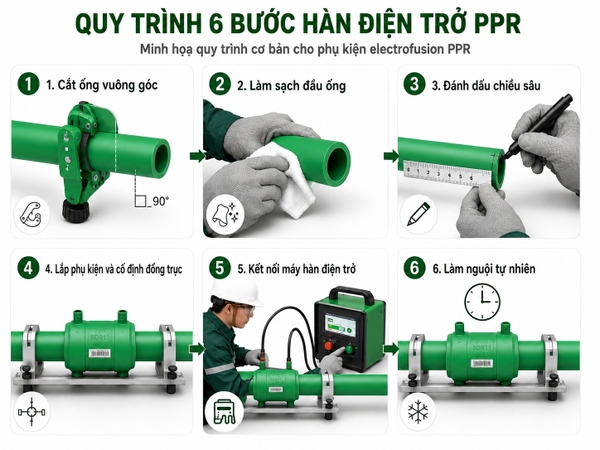 Quy trình hàn điện trở PPR gồm chuẩn bị hàn và làm nguội