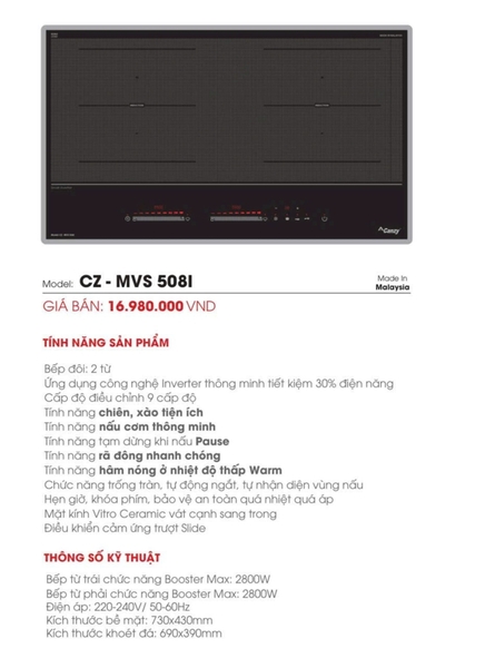 Bếp Từ Đôi Canzy CZ MVS 508i | 5800w | Sản Xuất Tại Malaysia |  Model 2024