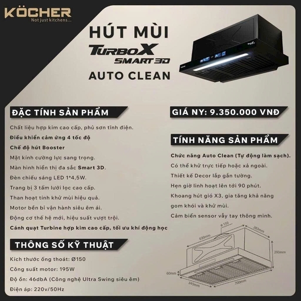 Máy hút mùi Kocher Turbo Smart 3D X3D-350D Auto Clean