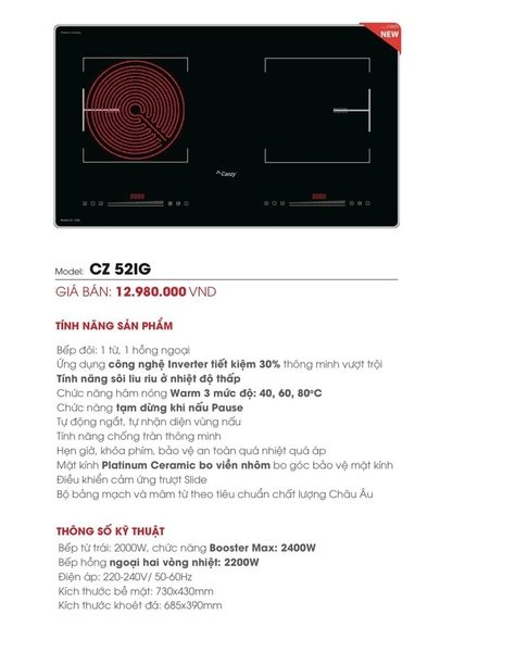 Bếp điện từ Canzy 52IG | Công Nghệ Sôi Liu Diu