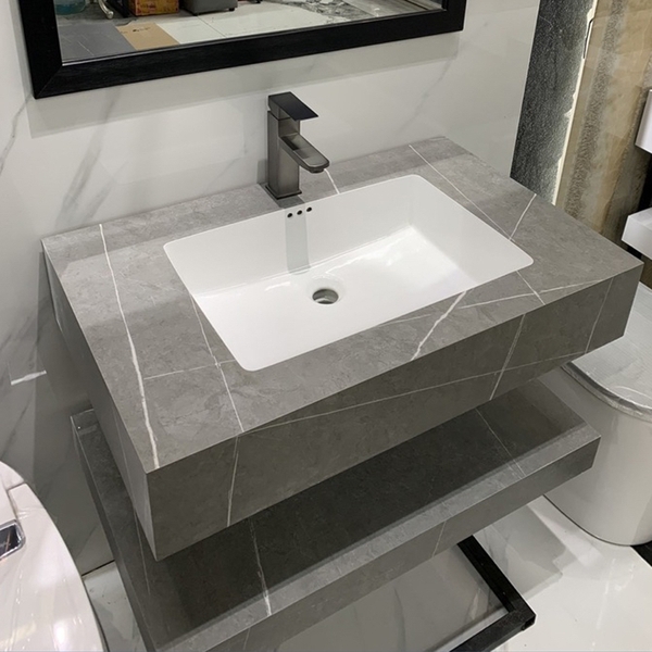 Bộ Bàn đá đôi và chậu âm bàn tràn viền Xám