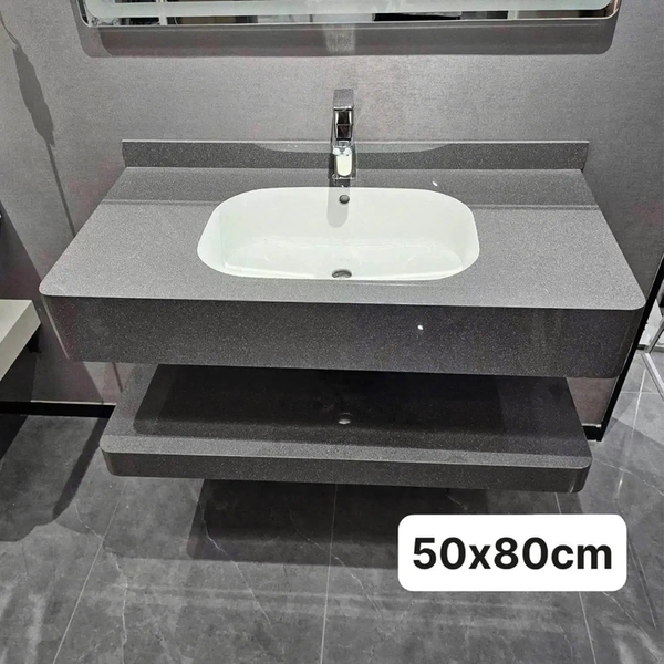 Bộ Bàn đá đôi bo góc và chậu âm bàn tràn viền màu xám